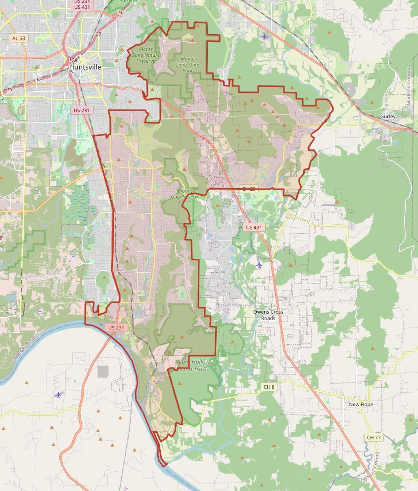 Map of Alabama House District 20, outlined in red. It runs from Monte Sano, east of downtown Huntsville, south along Whitesburg Drive and Bailey Cove Road to the Tennessee River, and east to Hampton Cove and Owens Cross Roads.